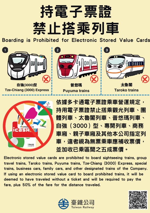 持電子票證禁止搭乘自強3000、普悠瑪、太魯閣列車