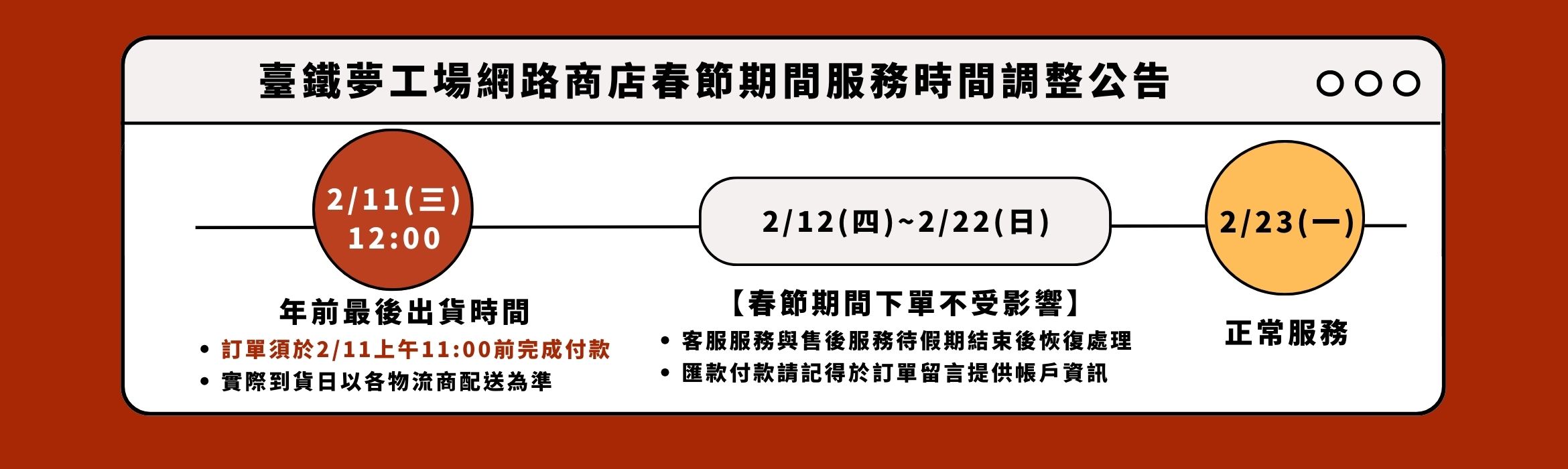 臺鐵夢工場網路商店春節期間服務時間調整公告
